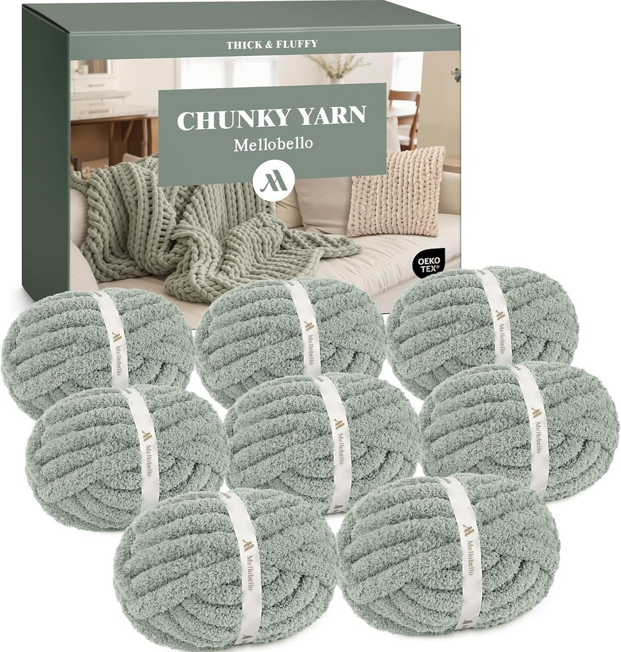 Jumbo Chunky Chenille Yarn – 8-Pack, 8 oz / 27 yds Each, Super Soft Bulky Yarn for Hand Knitting & Crocheting, Fluffy Thick Yarn for Blankets, Scarves, Home Decor – Sage Green
